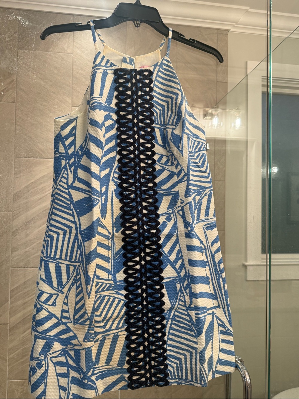 Lilly Pulitzer Blue & White Geometric Shift Dress | Rope Trim | Size 2 | GUC